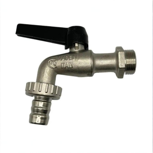 Кран шаровый латунный угловой стандартнопроходной с ручкой-рычагом НР-штуцер Ру 16 Bugatti 689 Bugatti 14 мм 3/4" в Омске