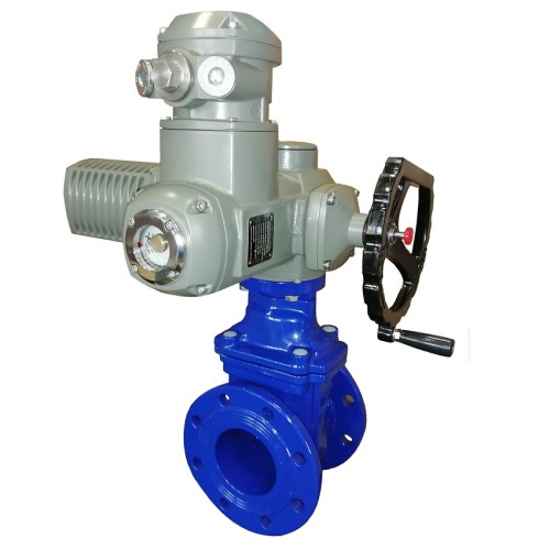 Задвижка чугунная фланцевая с электроприводом AUMA SA14.2 380В и обрезиненным клином KR12 200 мм в Омске